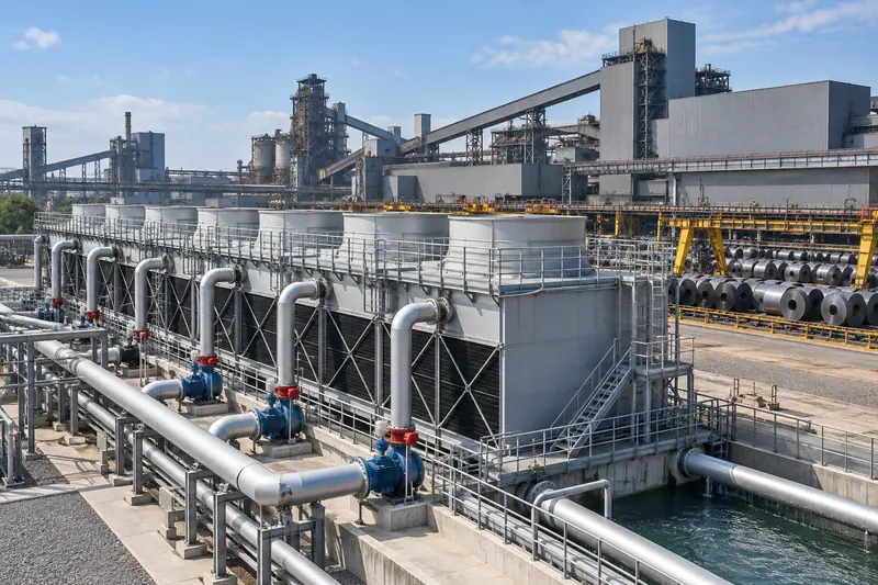 AI illustration of industrial cooling towers at a steel plant