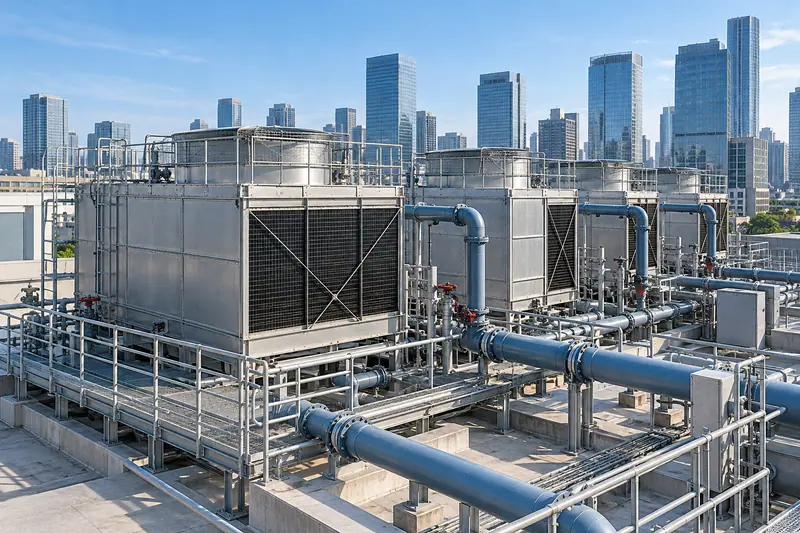 AI illustration of rooftop cooling towers on a commercial building