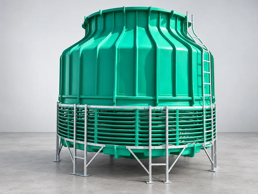 AI illustration of a green FRP round cooling tower